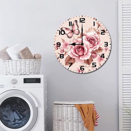 Butterfly Rose Flower Wooden Silent Non-Ticking 10 Inch Round Clocks Battery Operated Analog for Living Room Kitchen Bedroom Bathroom Office Home School Decor