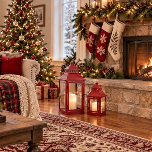 NEEDOMO Christmas Decorations Outdoor & Indoor, Set of 2 Outdoor Lanterns for Porch, Large Candle Lantern, Red Metal Frame with Glass, Vintage Farmhouse, Patio, Pathway, Garden, Christmas - Image 3