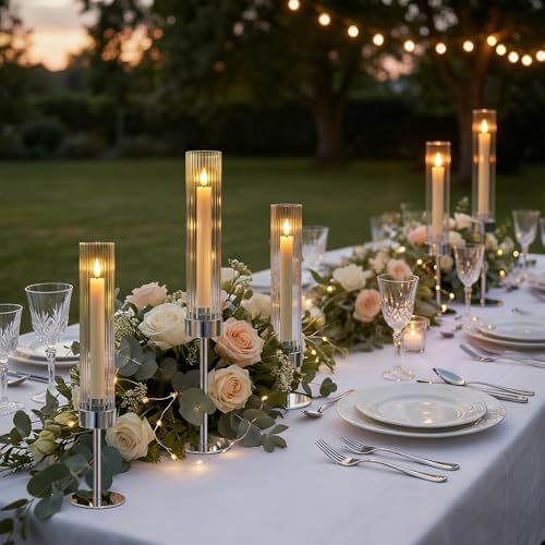 Metal & Acrylic Taper Candle Holders with Ribbed Design - Hurricane Clear Cylinder Candelabra for Wedding, Christmas, Party, Dining Table Centerpiece Decor (Silver, Set of 6) - Image 4