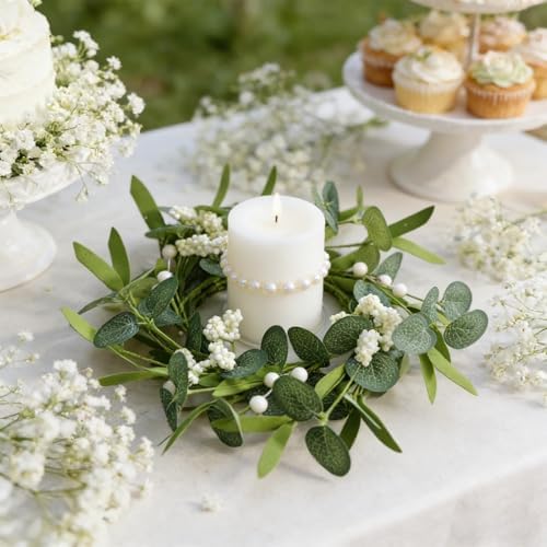8 Pcs Green Artificial Eucalyptus Candle Rings Wreaths Mini Green Kitchen Cabinet Wreath Table Centerpieces Spring Summer with White Berry for Pillars Farmhouse Porch Front Door Wedding Decor - Image 2