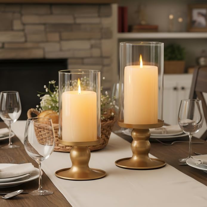 NITIME 2Pcs Hurricane Candle Holder for Pillar Candles, Gold Candle Holders with Clear Glass Sleeve for Table Centerpieces,Pillar Candle Holders for Home Decor, Wedding, Holiday and Party Decor by NITIME