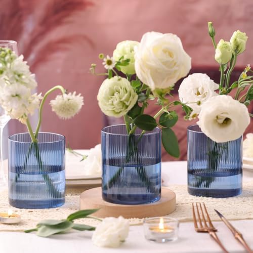 Glass Ribbed Cylinder Vase Set of 6,Bud Vase for Wedding Centerpieces,Clear Ribbed Glass Flower Vases Bulk,Hurricane Floating Candle Holder 4 Inch,Decorative Vases for Home Decor(Blue) - Image 5