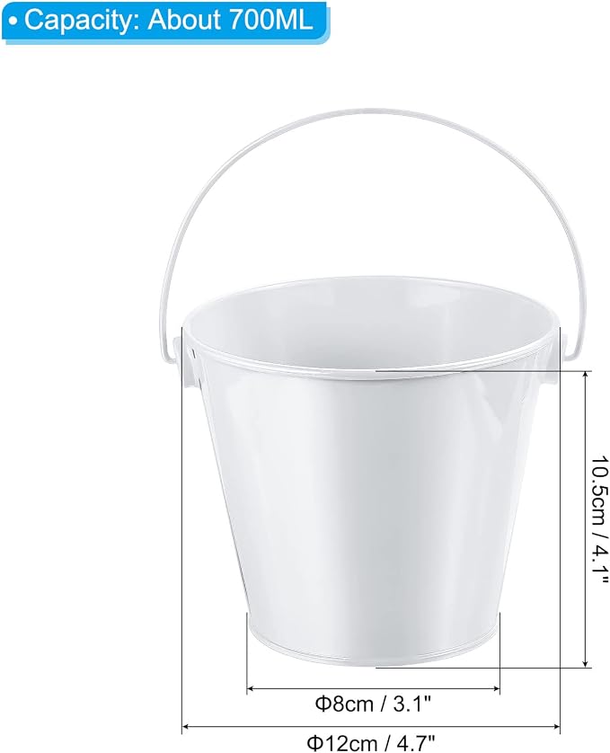 PATIKIL 4.7 Inch Colored Metal Buckets, 4 Pack Pencil Holder Buckets Round Metal Planter Pails Container with Handles for Classroom Crafts, White