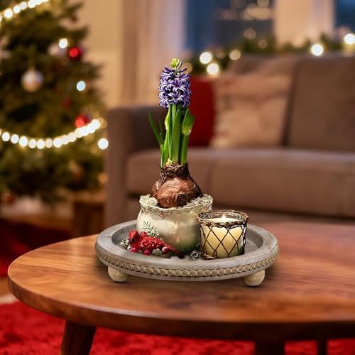 Wood Round Tray for Wooden Coffee Table Decor, Wood Raise Candle Tray Holder Plate,Farmhouse Small Decorative Trays Beade, Rustic Serving Tray for Kitchen Table, Home Decor, Living Room, Brown - Image 2