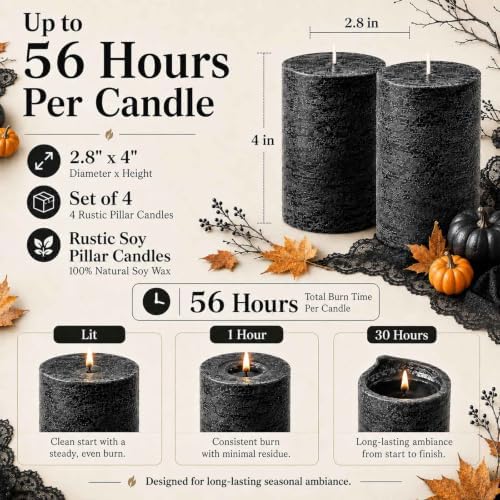 Black Unscented Pillar Candles 4 Pack, 2.8 x 4 Inch Rustic Soy Wax Candles, - Image 4