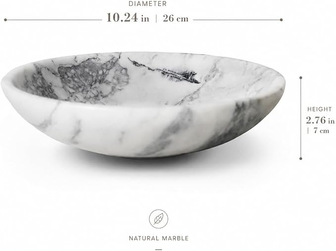 Marble Decorative Bowl Large White, Handcrafted Natural White-Grey Stone Bowl for Home Decor, 11" Large Entryway Bowl for Key, Coffee Table Bowl, Marble Fruit Bowl for Centerpiece