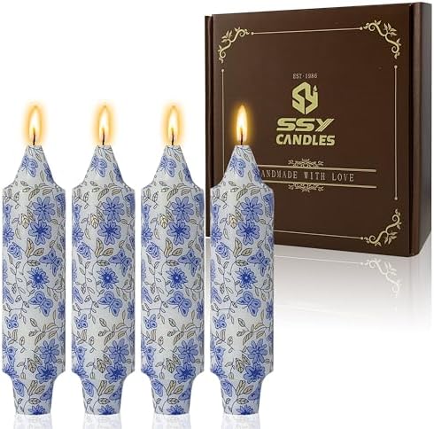 5 inch Short Blue Candle Floral Candle Sticks Printed Candlestick Handmade Unscented Taper Candle 4 Pack Flower Tapered Candles for Blue Home Dinner Wedding Holiday by XINAOBAOLUO