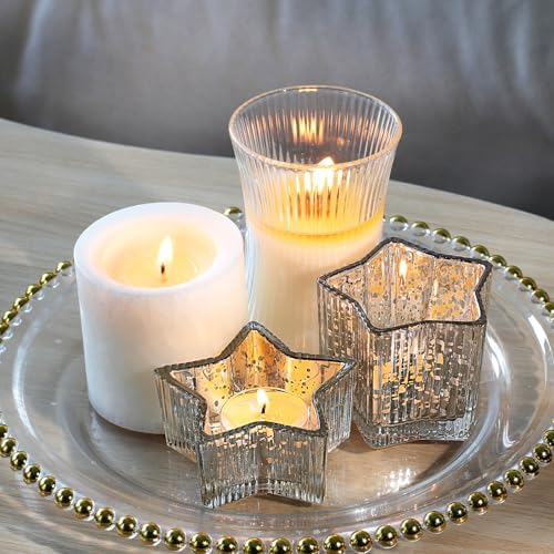 Letine 10pcs Silver Ribbed Star Candle Cups - Assorted Height Tea Light Holders, Votive Candle Holders forWedding, Fall Table Centerpiece, Mercury Glass Lucky Star Jar Decor(Tall 2.44", Short 1.57") - Image 3