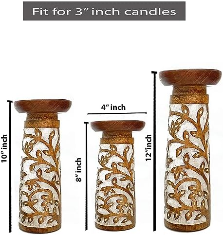Perilla Home Wood Texture Candlestick Holders Set of 3 - Candle Holders for Candlesticks, Taper Candles, Anniversary, Dinning Table Vintage Candle Holder Centerpiece - (12x10x8 Brown and White) - Image 2