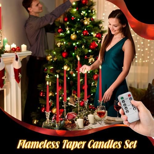 Rossesay 16 Pcs Red Flameless Taper Candle with Remote Timer - Image 4