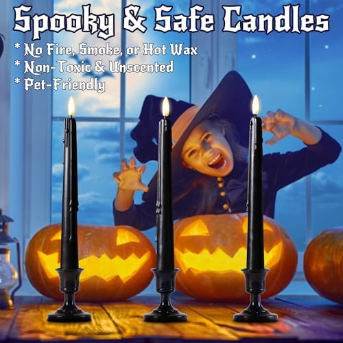 Stmarry Black Flameless Taper Candles with Remote and Timer - 9.65 Inch Real Wax LED Candlesticks - Wax Drip Battery Operated Halloween Taper Candles with 3D Flickering Flame Halloween Decor, 3 Pack - Image 7