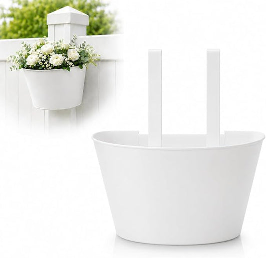 1 Pack White Metal Fence Post Planter for 4x4 & 5x5 PVC Vinyl Fence, No-Drill Hanging Flower Pots for Outdoor Plants, Flush Fit Planters with Drainage for Garden Yard Outdoor Decor