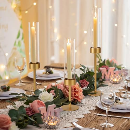 Set of 18 Glass Hurricane Candle Holders Gold Metal Base Taper - Image 2