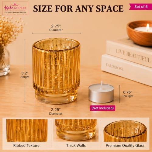 Kate Aspen Gold Votive Candle Holders - Vintage Ribbed Glass Candle Holder Set of 6 - Mercury Glass Tealight Holders for Christmas Table Decor, Holiday Centerpieces, Fall Thanksgiving Tablescape - Image 6