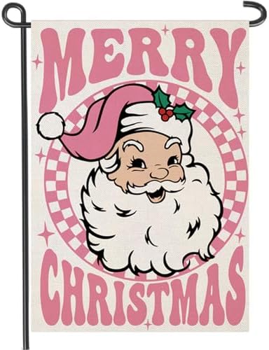 Merry Christmas Garden Flags 12x18 inch Double Sided, Seasonal Xmas Pink Santa Claus Decorations, Small Winter Decor for Yard Outside Outdoor by Fapulee