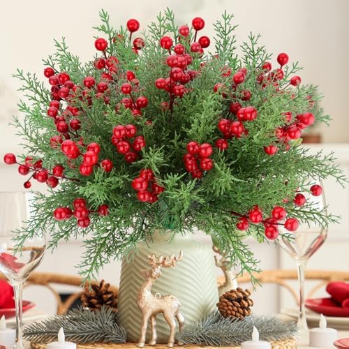 Christmas Pine Branches, 4 Bundles Artificial Red Berry Stems Xmas Decor by ICEROYCE