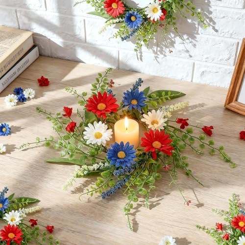6 PCS Patriotic American Candle Rings Wreaths Artificial 4th of July Floral Candle Rings Holder with Daisy Flowers Mini July Independence Day Wreath for Party Home Table Centerpiece Decor - Image 2