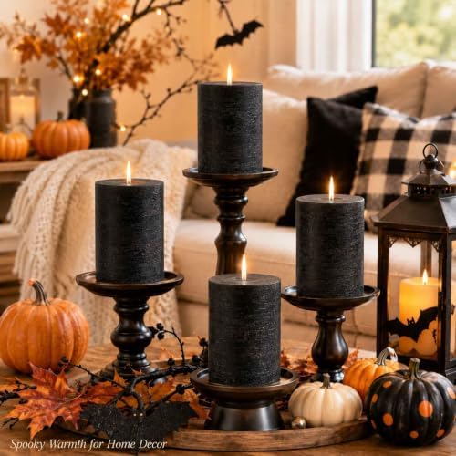 Black Unscented Pillar Candles 4 Pack, 2.8 x 4 Inch Rustic Soy Wax Candles, - Image 6