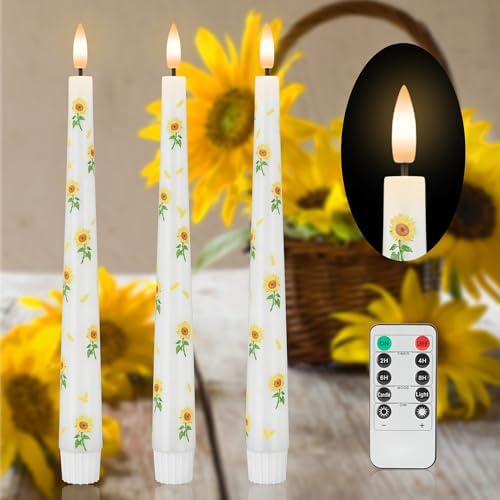 Sunflower Taper Candles Battery Operated, 9.6" Real Wax Flameless Candles by AFINETH