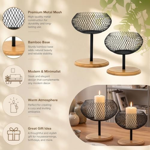 Candle Holder Set of 2, Modern Organic Vintage Black Metal Pillar Candle Holders with Wooden Bamboo Base, Candle Tray Candle Stand for Dining Table Centerpiece Kitchen Mantel Home Office - Image 3