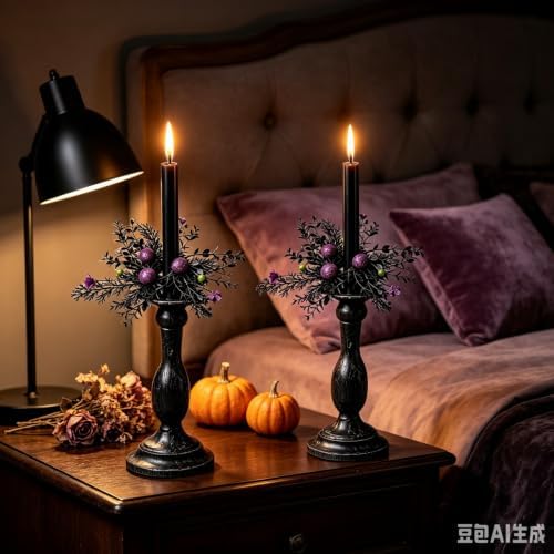 6 Pcs 1.38" Mini Halloween Taper Candle Rings Wreaths Small Artificial with Black Foliage Purple Glitter Balls Green Berries Purple Flowers Taper Candle Holder Wreath for Gothic Spooky Farmhouse Home - Image 2