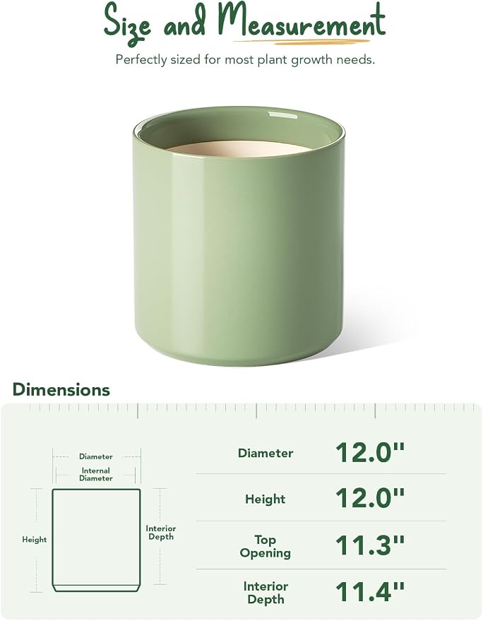 LE TAUCI 12 Inch Pot for Plants, Ceramic Planters for Indoor Plants, Mid-Century Modern Cylinder Flower Pots with Drainage Hole, Fits Fiddle Leaf Fig & Monstera, Home Decor, Sage Green