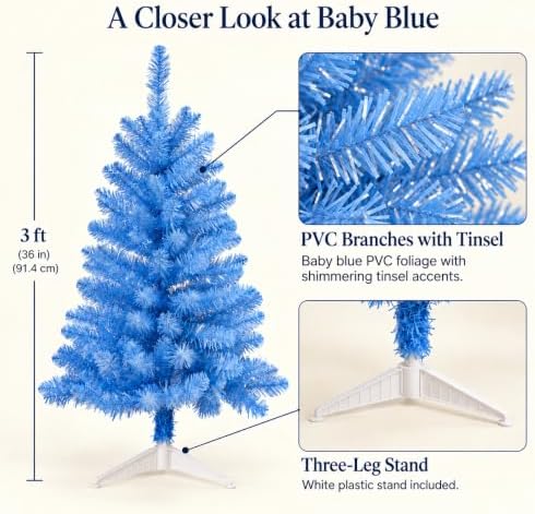 3FT Artificial Christmas Tree with Tinsel and String Lights – Tabletop Small Xmas Tree for Desk, Office, or Small Spaces – Full Branches, Easy Assembly, Holiday Decoration (Baby Blue) - Image 7