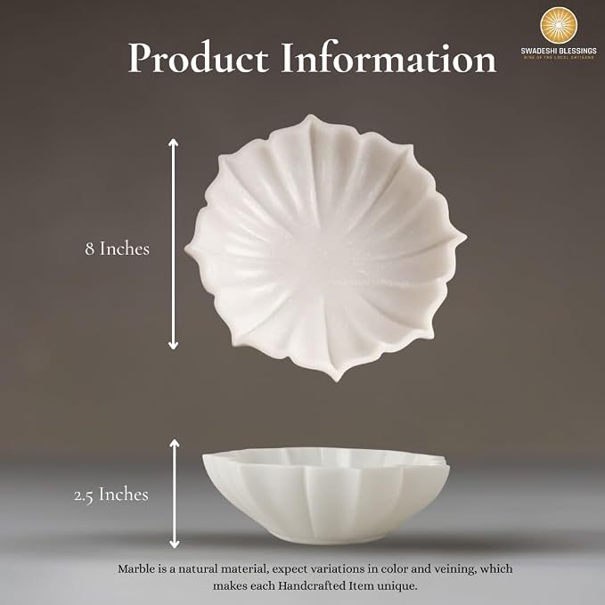 SWADESHI BLESSINGS HandCrafted Marble Lotus Bowl/Organic Modern Home Decor Bowl/Fruit Bowl/Vintage Ring Dish/Decorative Flower Dish/HouseWarming Gifts/Wedding Gifts/Urli (8 Inches)