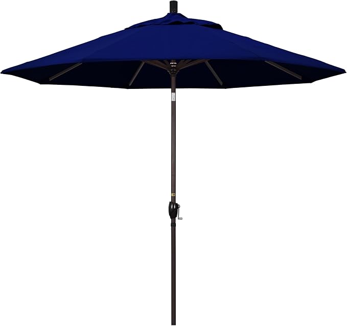 California Umbrella 9' Round Aluminum Market Umbrella, Crank Lift, Push Button Tilt, Bronze Pole