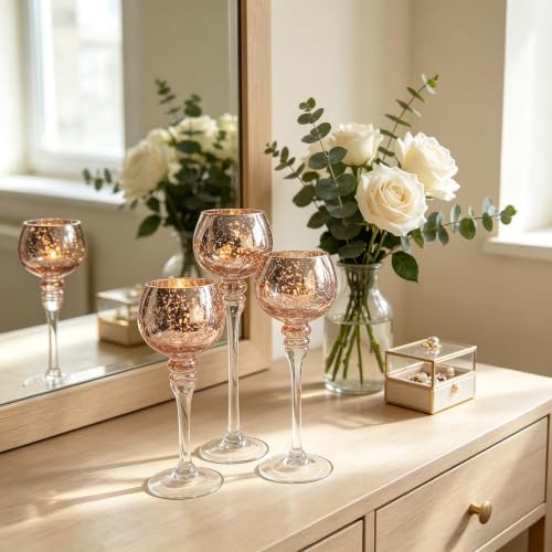 Hosley® Elevate Ambiance with Set of 3 Crackle Rose Gold Glass Tealight Holders 12 Inch, 10 Inch, 9 Inch Sophisticated Decor for Chic Candle Displays - Image 3