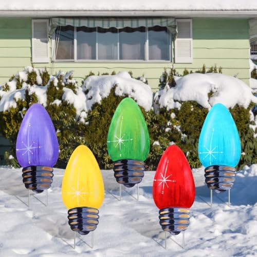 5 Pcs Christmas Decorations Outdoor Light Bulb Metal Yard Signs - Image 3