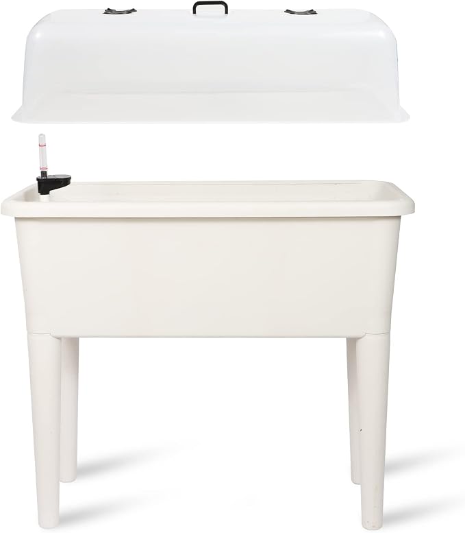 Dexceder 13.2 Gallon Self Watering Raised Garden Bed (White) | Ventilation Transparent Lid Greenhouse, Deepen Vegetable Flower Box Planter Pot with Removeble Legs & Water Level Indicator