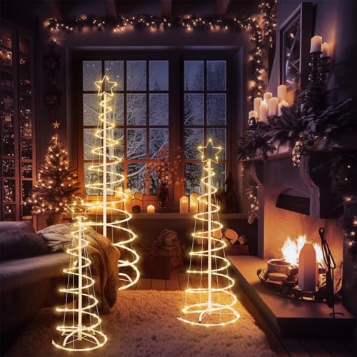 3 Packs Christmas Spiral Tree with Lights, 3/4/5 FT Lighted Xmas Collapsible Tree with Metal Stakes for Indoor & Outdoor, Yard, Porch, Garden Holiday Decor (Warm White, 3-4-5 FT) - Image 5