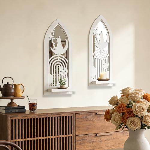 ZEXUIRU 2 Set Rustic Candle Sconces Living Room Bedroom Entryway Wood Mirrored, Farmhouse, Carved Frame Wall-Mount Wooden Candle Holders Wall Decor Hanging Handmade Holder - Distressed White - Image 3