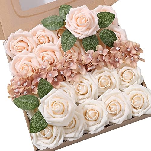 YYHUAWU Artificial Flowers Combo Box Set Gradient Color Flower Leaf with Stems for DIY Wedding Bouquets Centerpieces Baby Shower Party Home Decorations (Gradient Champagne) by YYHUAWU