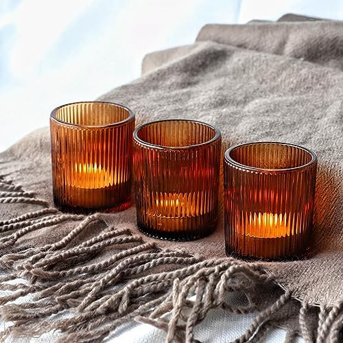 VOHO 12pcs Amber Candle Holders for Votive Tea Lights Candles, Ribbed Glass - Image 3