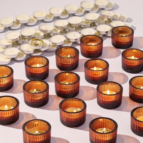 NITIME 30Pcs Ribbed Amber Votive Candle Holders for Fall Table Decor, Amber Tea Light Candle Holders with 32pcs Tea Light Candles for Wedding Decor, Home Decor and Party Decor by NITIME