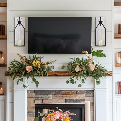Candle Sconces Wall Decor: Set of 2 Farmhouse Wood Candle Holder Indoor Black Metal Lantern Rustic Decorations for Living Room Front Porch Yard - Image 5