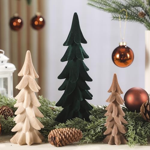 Cinnvoice 3 Set Velvet Christmas Tree Figurines, Khaki, Brown, Green - Image 5