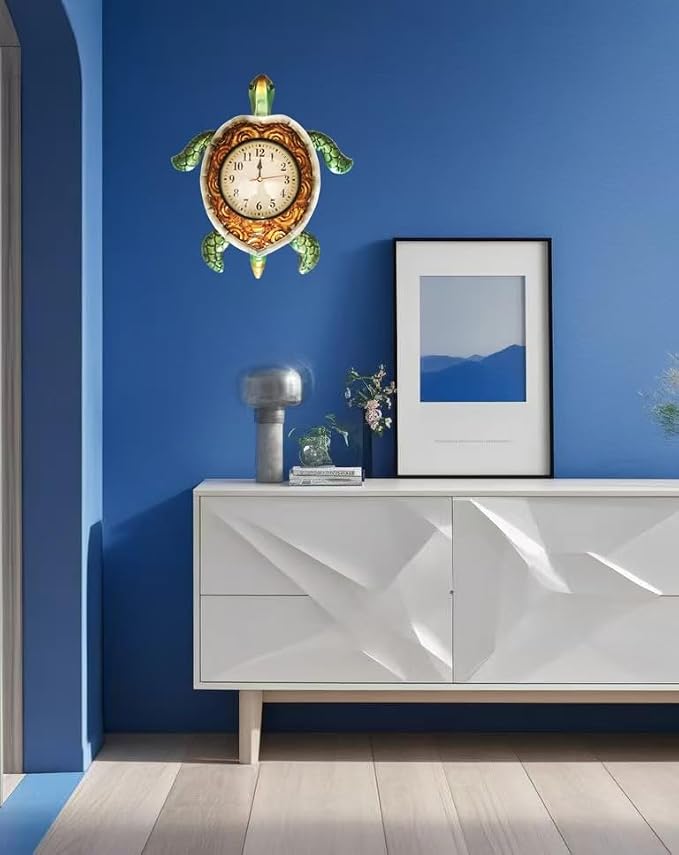 TXYS Turtles Wall Clock Turtle Decor for Kitchen Teal Wall Clock Weird Clocks at Home Bathroom, Office
