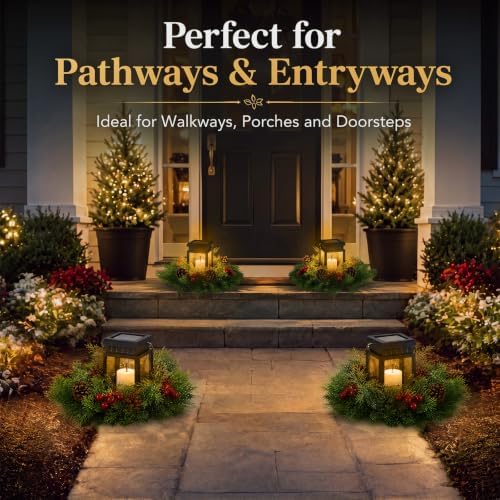 2 Pack Solar Christmas Lanterns, 2 in 1 Outdoor Candle Lantern with Wreaths - Image 2