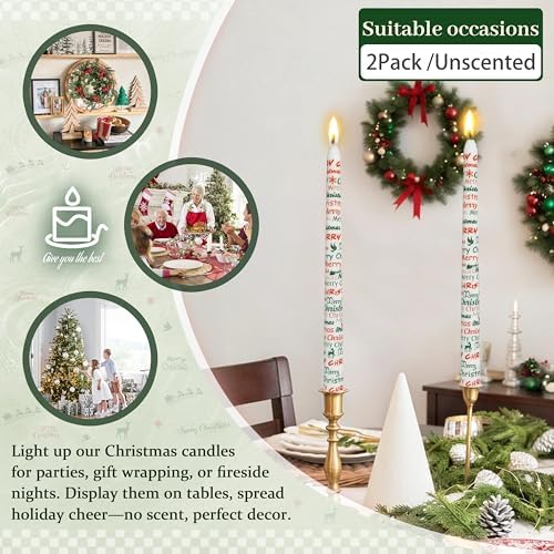 Christmas Printed Taper Candles–10 Inch Tall Red and Green Christmas Mixed Elements Unscented Smokeless YUKCAXDLS Candle for Holiday Table Centerpieces Party Decor - 2 Pack - Image 3