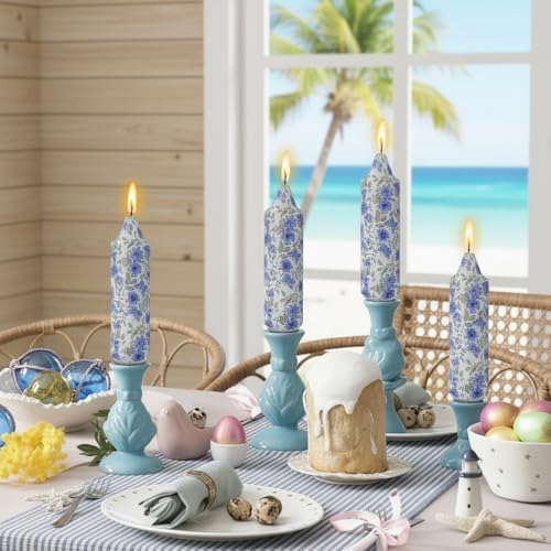 5 inch Short Blue Candle Floral Candle Sticks Printed Candlestick Handmade Unscented Taper Candle 4 Pack Flower Tapered Candles for Blue Home Dinner Wedding Holiday - Image 5