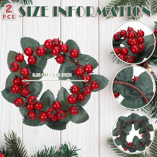 Daifunli 2 Pcs Christmas Red Berry with Leaf Candle Ring Artificial Berry Bell Wreaths for Pillar 3.25 Inch Candles Holder for Winter Christmas Country Wedding Kitchen Table Centerpiece Decor - Image 4