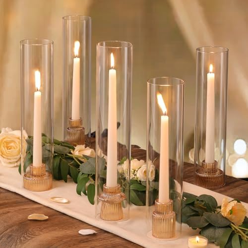 NITIME 9 Set Hurricane Glass Candle Holders for Table Centerpieces, Gold Candlestick Holders with Windproof Cylinder Covers(11.8"/12.6"/13.8" H), Taper Candle Holders for Wedding, Party and Home Decor by NITIME