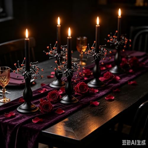 6 Pcs 1.38" Mini Halloween Taper Candle Rings Wreaths Small Artificial with Black Spiders Orange Berries Black Twigs Taper Candle Holder Wreath for Spooky Farmhouse Home Candlesticks Decor - Image 3