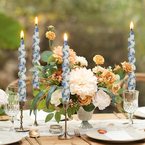 Spiral Print Taper Candles-Blue Floral Blend Pattern Unscented Candle 7.5Inch Flower Short Tapered Candlestick for Family Gatherings Weddings Restaurant Holiday Decorations Set of 4 - Image 2