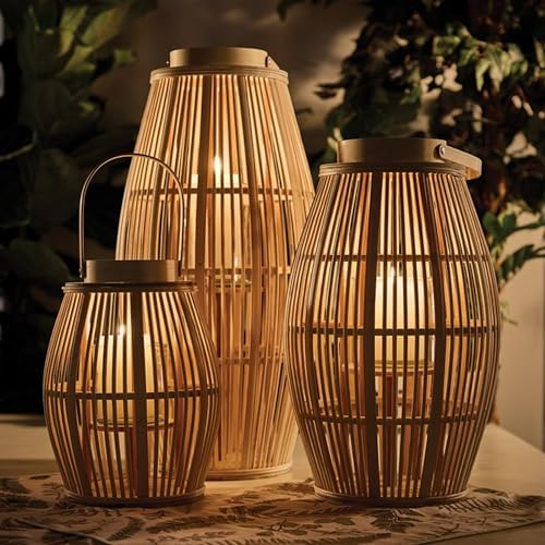47th & Main Bamboo Hurricane Lantern with Handle Woven Natural Rattan Boho Hanging Candle Holder for Patio, Yard, Home Décor, Medium, Blonde - Image 2