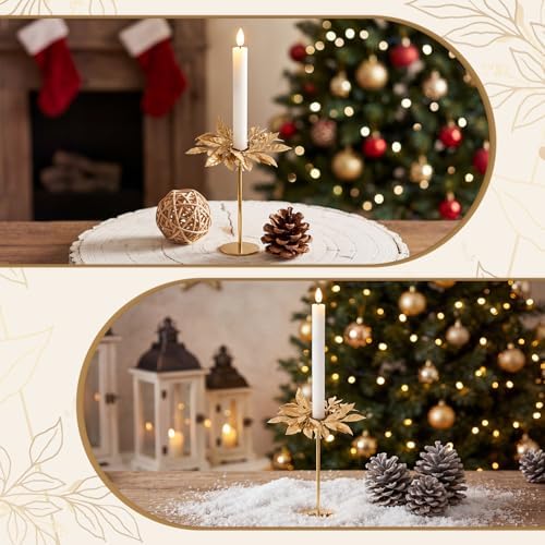 Daifunli 2 Pcs Christmas Artificial Gold Bay Leaf Candle Rings Gold Bayleaf Candleholders Wreath for Taper Candles 1.25 Inch Candles Holder for Christmas Rustic Table Centerpiece Decor - Image 4