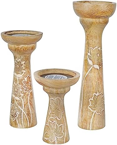 Mela Artisans Lotus Vine Mango Wood Candle Holders - Whitewash, Set of 3 by MelaArtisans